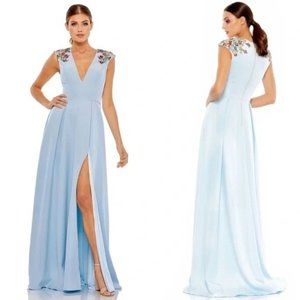 Mac Duggal French Blue Floral Beaded Shoulder Sleeveless floral Gown Size 6